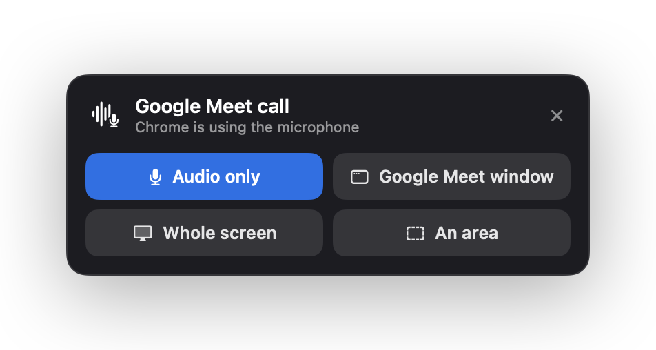 The RecordCue cue: “Google Meet call — Chrome is using the microphone”, with buttons for Audio only, Google Meet window, Whole screen and An area.