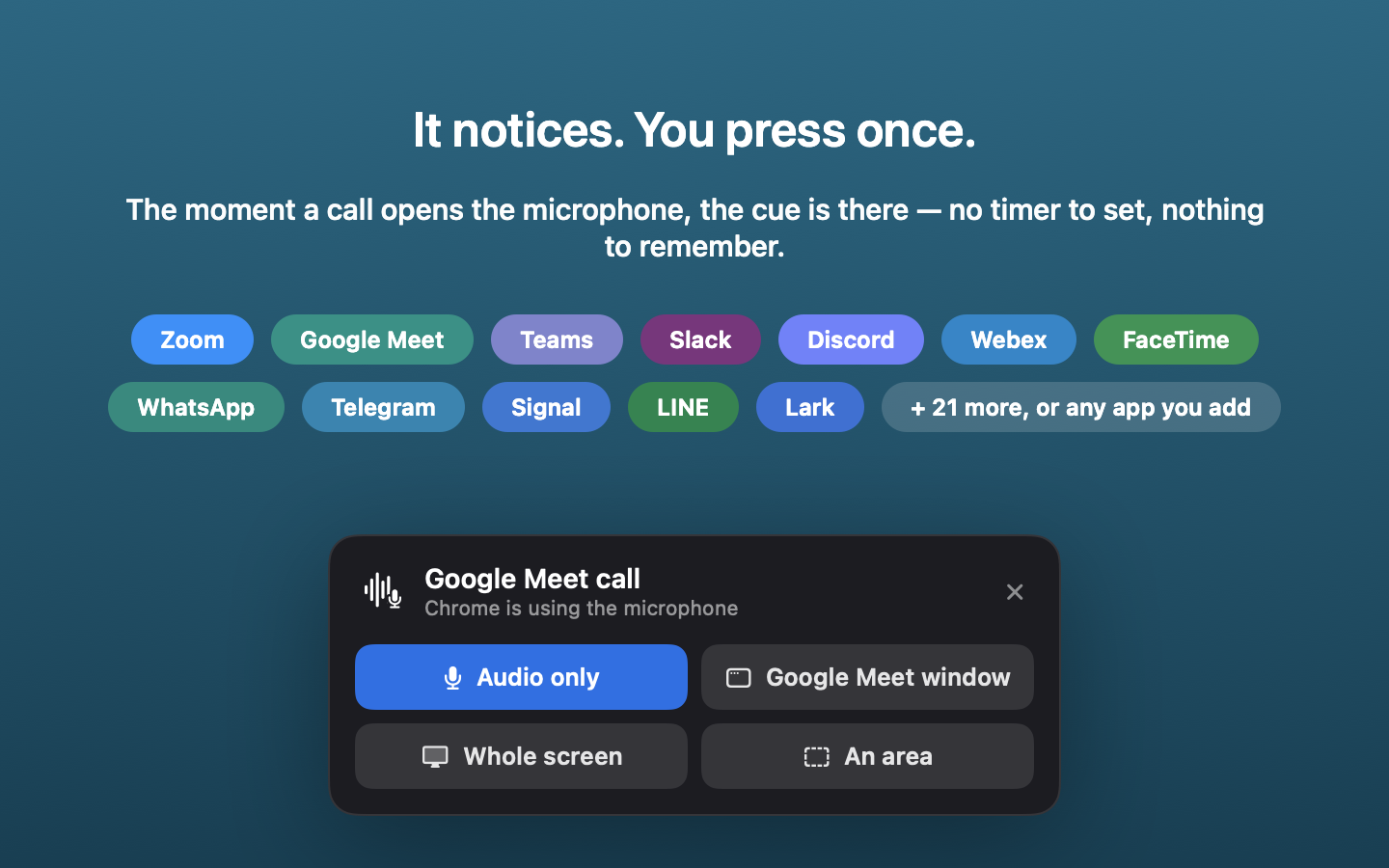 The cue appearing when a Google Meet call starts
