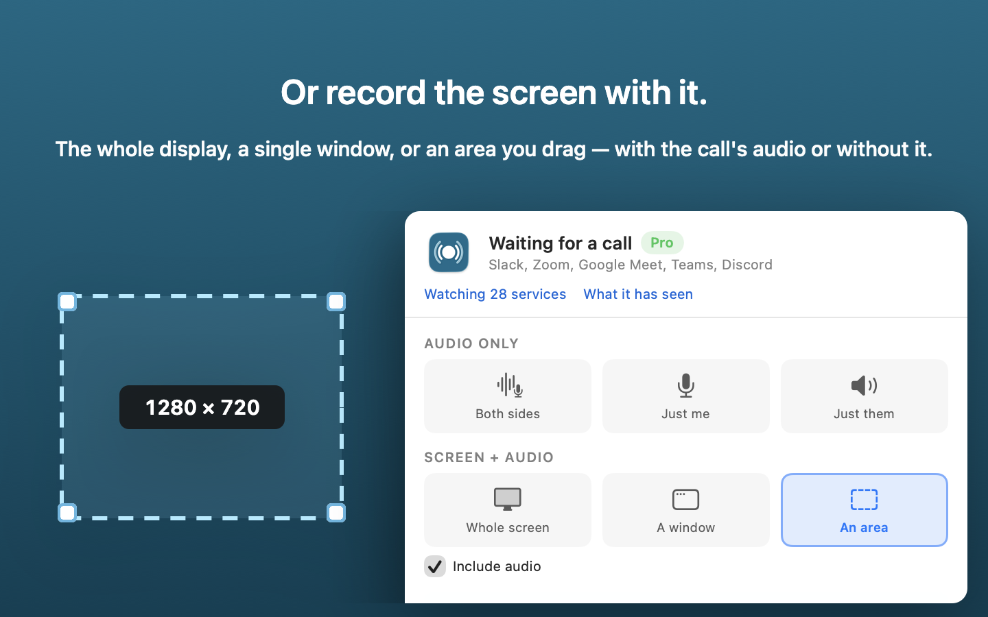 Screen recording: whole screen, a window, or an area